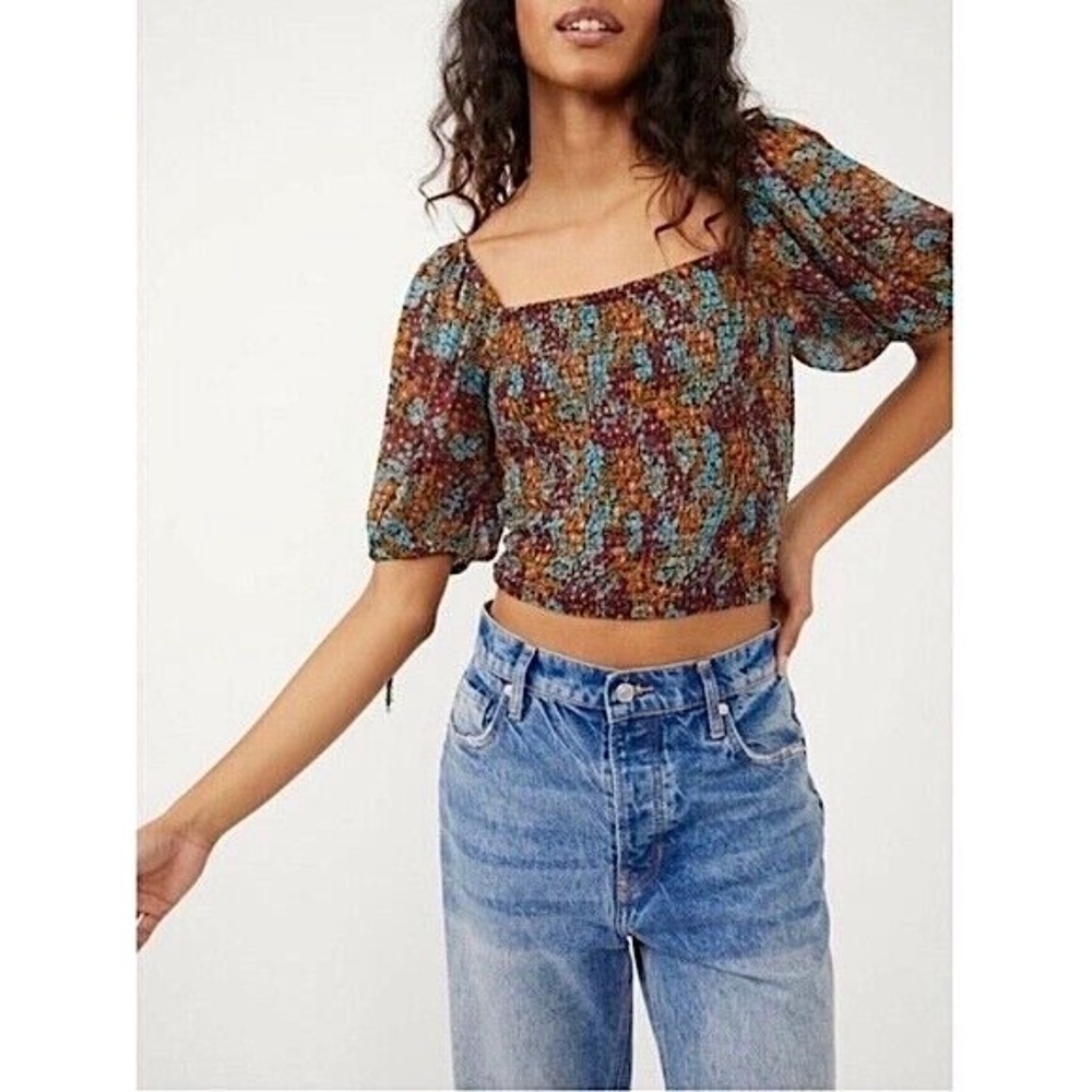 Free People Floral Cropped Smocked Chiffon Top Size L